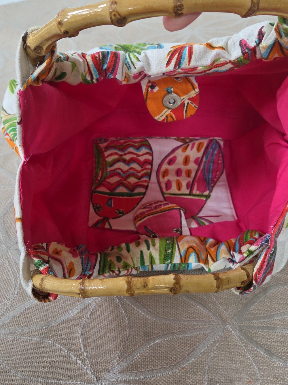 Vintage Bird, Cotton Barkcloth Handbag With Bamboo Handles! - Picture 3 of 8